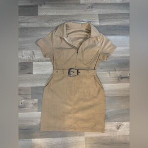 Stylish Tan Belted Mini Dress